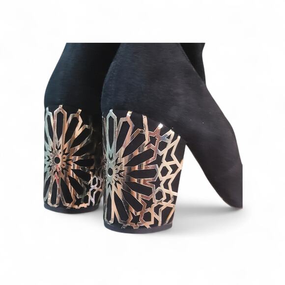 Via Spiga Black Suede Ankle Booties 8.5M Gold Metallic Block Heel Vero Cuoio - Picture 6 of 13